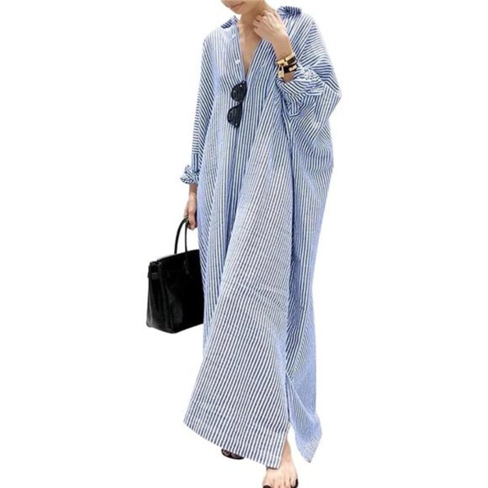 Women's Casual Long Sleeve Button Down Loose Striped Cotton Maxi